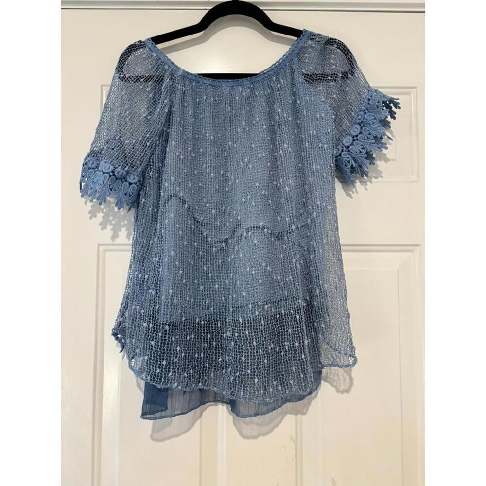 Belle France blue crochet/lace‎ short sleeve blue boho delicate shirt sz S #1663